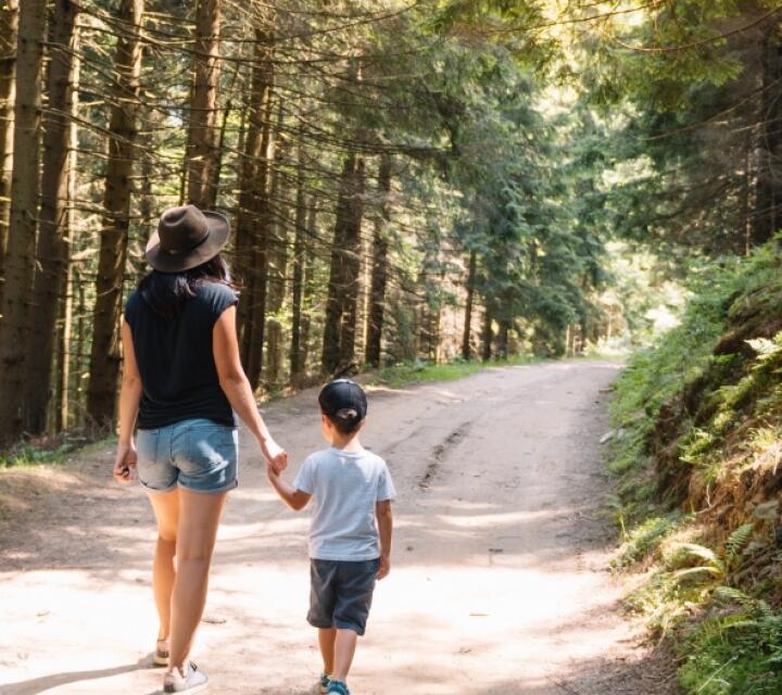 card woman child forest